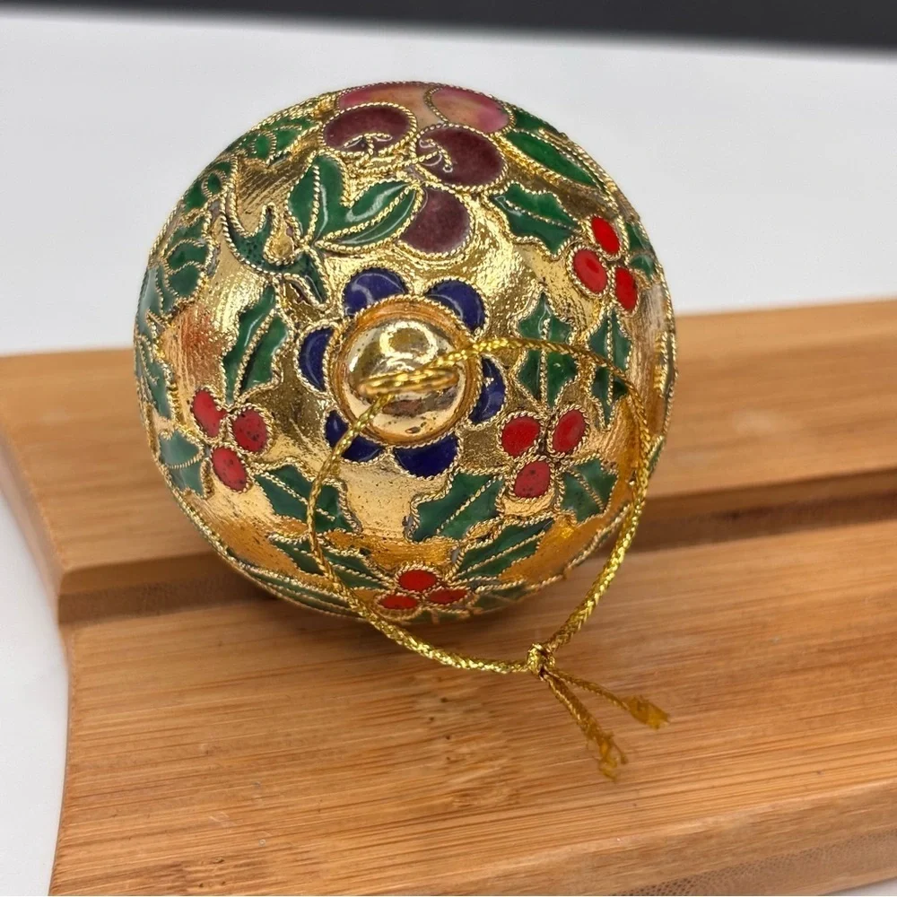 Vintage GANZ Cloisonné Metal Enamel Gold Christmas Ornament Floral Fruit 2 In